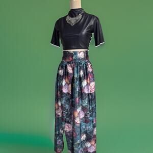 Vintage Dark Floral Maxi Skirt W Slit | Romantic Goth Botanical | Dramatic RARE